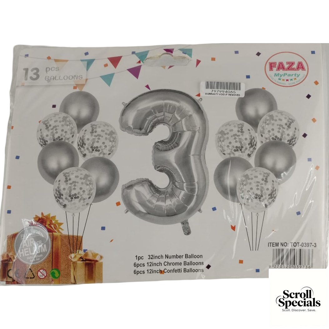 IZY-0397-3-NR3S Casey 13pc Silver and White Balloon Set Nr 3 - Image 1